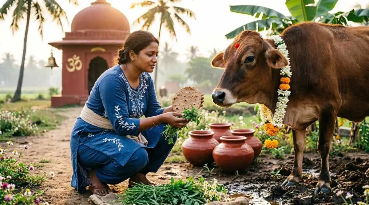 Importance of Gau Seva in Hindu Dharma — person offering food to Gau Mata
